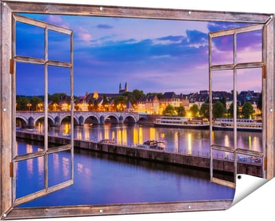 Gards Tuinposter Doorkijk Maastricht Maas Rivier bij de Sint Servaasbrug - 150x100 cm - Tuindoek - Tuindecoratie - Wanddecoratie buiten - Tuinschilderij