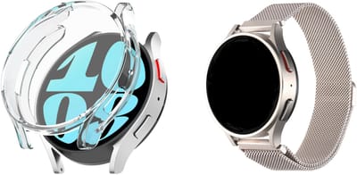 Strap-it Milanese band + TPU Case Transparant - Geschikt voor Samsung Galaxy Watch 6 40mm - RVS Stalen band - Magnetische sluiting - Luxe & stijlvol design - Ademend & comfortabel - Sterrenlicht/Starlight