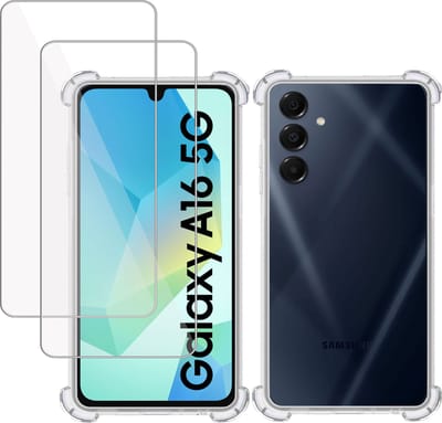 Hoesje + 2x Screenprotector geschikt voor Samsung Galaxy A16 5G – Tempered Glass - Extreme Shock Case Transparant