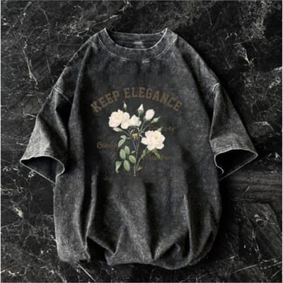 Vintage Gewassen Bloemenprint Oversized T-shirt Retro Verweerd Korte Mouw Tee Y2K Streetwear Top Dames Harajuku Los T-shirt M gray