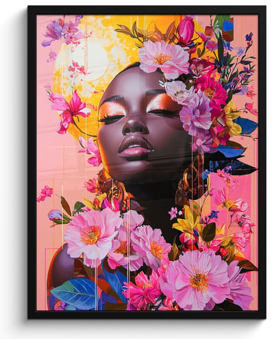 Poster in lijst - Fotolijst 60x80 cm - Posters - Kleurrijk - Bloemen - Vrouw - Zon - Posterlijst zwart - Decoratie - Wanddecoratie woonkamer - Muurdecoratie slaapkamer