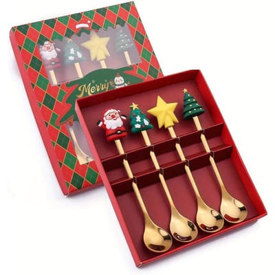 Kerstlepels met Geschenkdoos, Roestvrijstalen Roerlepel Thee Koffielepel met Kersthanger voor Kerstfeest