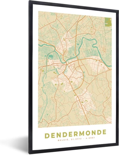 Fotolijst incl. Poster - Plattegrond - Kaart - Dendermonde - Vintage - Stadskaart - 40x60 cm - Posterlijst