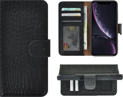 Hoesje Geschikt voor iPhone XR - Bookcase Hoesje - iPhone XR Wallet Book Case Echt Leer Croco Zwart Cover