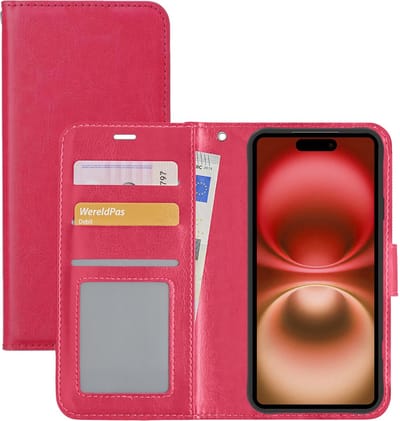 Hoesje - Met Pasjeshouder - Geschikt voor Apple iPhone 16 - Luxe Bookcase Portemonee - Flip Case - Kunstleer Book Case - Flipcase - Book Cover - Walletcase - Portemonneehoes - Donkerroze