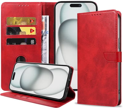 Geschikt voor iPhone 15 Plus Telefoonhoesje Kunstleer met Magnetisch lipje en Pasjeshouder Book Case met Klepje - Rood - Smartphonica geschikt voor iPhone 15 Plus