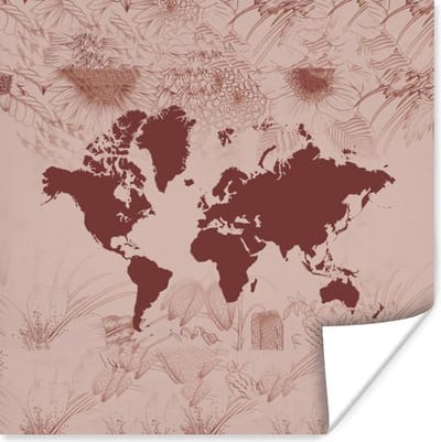 Poster 30x30 cm - Wereldkaart - Rood - Planten - Posters - Kamer decoratie - Wanddecoratie woonkamer - Muurdecoratie slaapkamer
