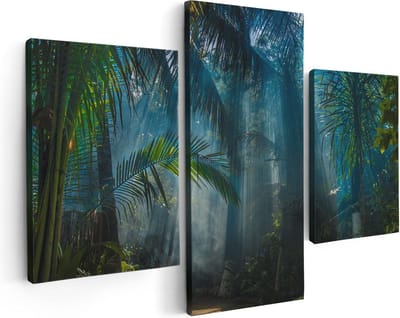 Artaza Canvas Schilderij Drieluik Dichtbegroeide Jungle Met Zonnestralen  - 90x60 - Foto Op Canvas - Canvas Print