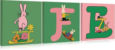 Set van 3 Moderne Canvas Wanddecoratie - Ingelijste Posters voor Woonkamer en Slaapkamer - Roze Konijn - 30x30 cm