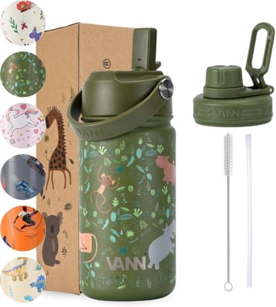 VANN® 3-Wandige Drinkfles en Schoolbeker voor kinderen met rietje in 1 – 400 ML – RVS – Met 4 accessoires – 24 uur koud/12 uur warm – Jungle
