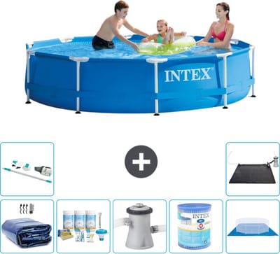 Intex Rond Frame Zwembad - 305 x 76 cm - Blauw - Inclusief Solarzeil - Onderhoudspakket - Zwembadfilterpomp - Filter - Grondzeil - Stofzuiger - Solar Mat - 8-delig