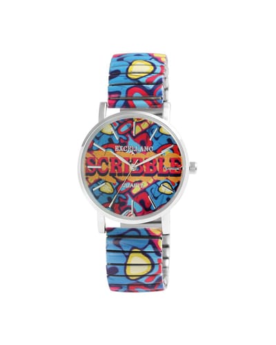 EXCELLANC- dameshorloge-rekbare band-rekband-multicolor-afbeelding graffiti-3 atm waterdicht-diameter 36 mm