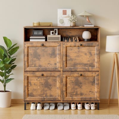 Bealife FS61 Opvouwbaar Schoenenrek - Met 4 Deuren en Open Opbergvak - 108x100x24 cm - Bruin