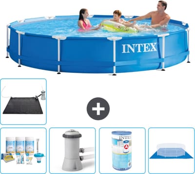 Intex Rond Frame Zwembad - 366 x 76 cm - Blauw - Inclusief Onderhoudspakket - Zwembadfilterpomp - Filter - Grondzeil - Solar Mat - 6-delig
