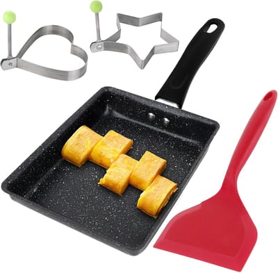 Japanse omeletpan - Mini eierpan - Ontbijt maken - Inclusief spatel ringen - 13 x 18 cm - Zwart