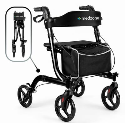 Medzone Rollator Lichtgewicht en Opvouwbaar - Binnen en Buiten - Zitfunctie - Rugleuning en Wandelstok Houder - Zwart