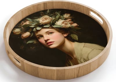 Dienblad rond 40x40 cm - Schootdienblad hout - Bloemenstilte - Vrouw - Portret - Borrelplank rechthoek - Plateau houten dienbladen