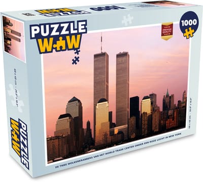 Puzzel De twee wolkenkrabbers van het World Trade Center onder een roze lucht in New York - Legpuzzel - Puzzel 1000 stukjes volwassenen