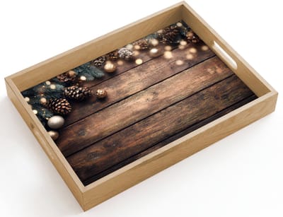 Dienblad hout 40x30 cm - Schootdienblad - Kerstdecoratie - Houten - Dennenappel - Bruin - Borrelplank rechthoek - Plateau dienbladen