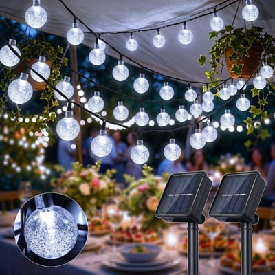 Rosnek 2 Stuks Solar Lichtsnoer Buiten - Lichtslinger met 20 LED Kristallen Bollen - 5 Meter - 2 Standen met Geheugenfunctie - Tuinverlichting op Zonne-energie - IP44 Waterdicht - Wit
