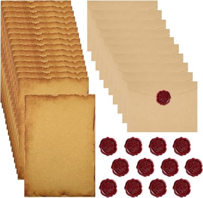 Vintage Briefpapier Set met 12 Kraft Papier Enveloppen, 16 Briefpapier Vellen en 12 Waszegels voor Uitnodigingen, Notities en Creatieve Projecten