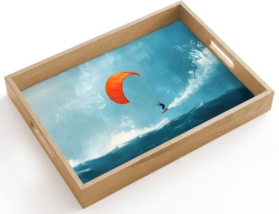 Dienblad hout 40x30 cm - Schootdienblad - Kitesurfer - Oranje - Zee - Lucht - Borrelplank rechthoek - Plateau dienbladen