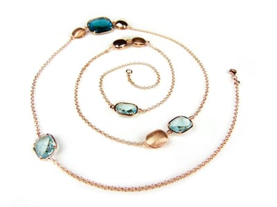 Zilveren halsketting collier halssnoer roos goud verguld Model Square gezet met blauwe en turkooise stenen