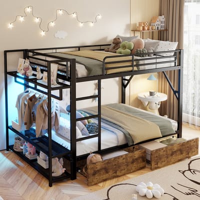 Stapelbed, 140 x 200 cm, Ijzeren Frame, 2 Lades, Meerdere Planken, met Led-lichtstrip, met Kledingstang, Matras niet Inbegrepen, Zwart