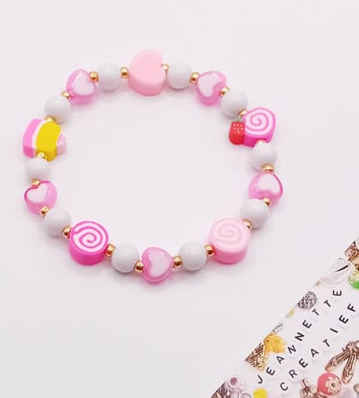 Jeannette-Creatief® - Fun - Armband Love & Candy Pink Hartje Polymeer Acryl - Armband Elastiek - Armband - Acrylkralen - Polymeerkralen - Miyuki Rocailles Galvanised Gold - Armbandjes - - Dames Armbanden - Boho - Ibiza - Valentijn - - Miyuki Armband