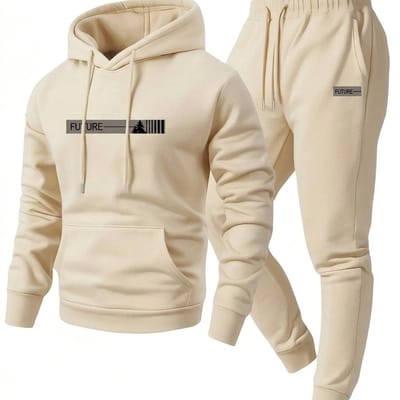 Crème fitness trainingspak heren hoodie en jogging broek sport pak met capuchon trekkoord elastische tailleband trainings set vrijetijds pak maat L