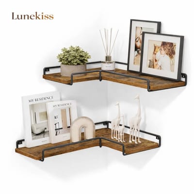 Lunekiss Zwevend Hoekplank 2 Stuks – Wandplank Opbergen/Decoratie – Industrieel Hout/Staal – 40/29x14cm – 5 kg p/plank