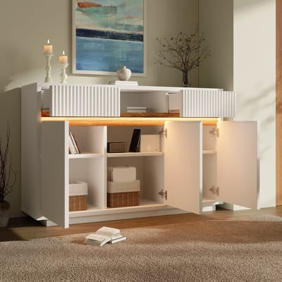 Eetkamerkast 140x40x85 cm - wit - met LED-verlichting - met 2 lades en 3 deuren - verstelbare planken - woonkamerkast - keukenkast