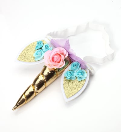 KIMU® Eenhoorn Haarband Elastiek Goud Wit - Unicorn Diadeem Met Oortjes, Bloemetjes En Tule - Gouden Hoorn Bloemen Blauw Roze Wit Paars Festival