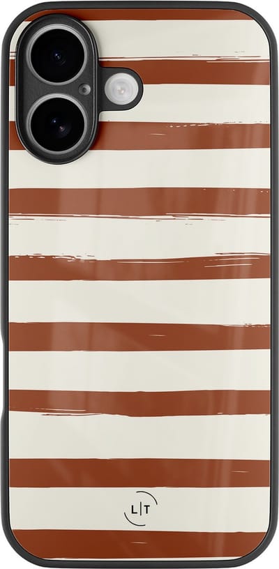 Hoesje geschikt voor iPhone 17 - Terracotta stripes - Luxe Glazen Hardcase - Gestreept - Bruin - Leuke Telefoonhoesjes