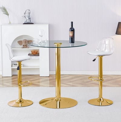 OKWISH Bartafelset 89 cm - Ronde Glazen Tafel Met 2 Verstelbare Draaibare Barkrukken - Keuken Of Bar - Goud Transparant