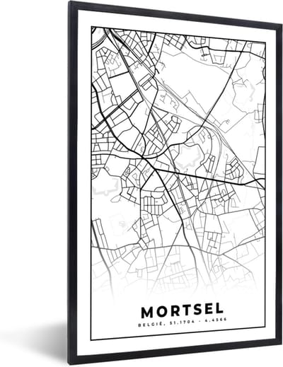 Fotolijst incl. Poster Zwart Wit- Zwart Wit – België – Plattegrond – Stadskaart – Kaart – Mortsel - 40x60 cm - Posterlijst