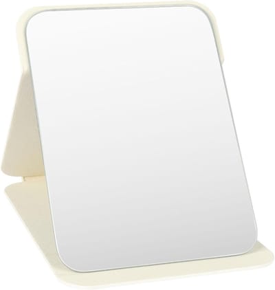Opvouwbare Make-up Spiegel met Verstelbare Stand, Draagbare Reis Spiegel van PU Leer, Medium Beige, 16 x 11 cm, 14.5 x 9.7 cm, Perfect voor Schoonheid en Make-up Toepassingen