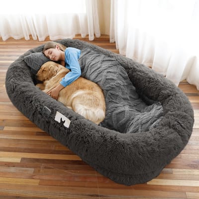 Lit pour chien confortable de taille humaine pour toutes les races - 71 x45 x12  Chaise longue pour animaux de compagnie en fausse fourrure avec base antidérapante, lavable, comprend un oreiller et une couverture en peluche - Gris 6XL gris foncé