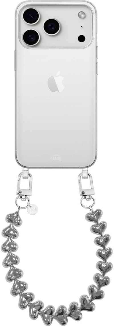 xoxo Wildhearts siliconen hoesje geschikt voor iPhone 17 Pro Max hoesje - Funky Hearts - Telefoonhoesje - Hoesje met koord - Zilver koord - kort telefoonkoord - Hartjes ketting - Transparant hoesje