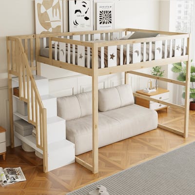 DESMIU Hoogslaper 140x200 cm - Kinderbed Met Trap En Opbergrek - Speelhoek En Slaapruimte Voor Kinderkamer - Massief Hout - Natuurwit - Zonder Matras
