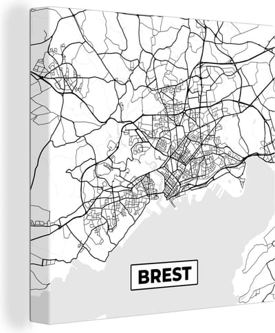 Canvas Schilderij Kaart - Brest - Plattegrond - Frankrijk - Stadskaart - Zwart wit - 20x20 cm - Wanddecoratie