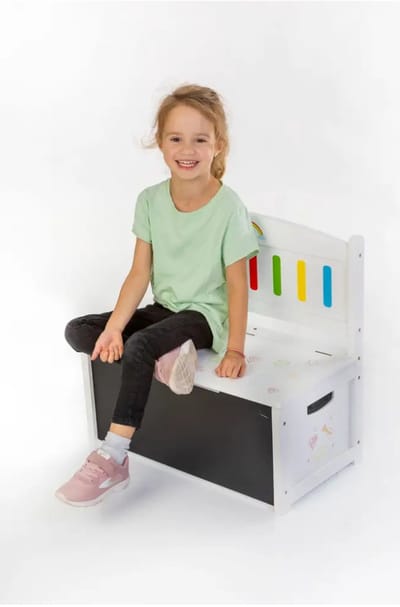 SpielMaus Houten 3-in-1 Kinderbank - Opbergbank - Speelgoedkist - Hout met Krijtbord - Ideaal voor de Kinderkamer