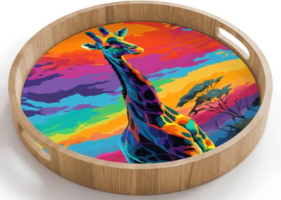 Dienblad rond 40x40 cm - Schootdienblad hout - Giraffe - Savanna - Lucht - Gekleurd - Borrelplank rechthoek - Plateau houten dienbladen
