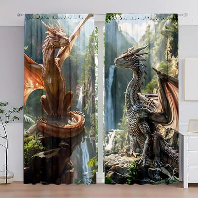 2 stuks Dominerende Draak Bedrukt Gordijn voor Huisdecoratie - Tunnel voor Roede Raambekleding voor Slaapkamer, Kantoor, Keuken, Woonkamer, 52.5cmX116cm X 2pcs gray