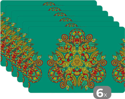 Placemat - Placemats kunststof - Patronen - Krullen - Folklore - 45x30 cm - 6 stuks - Hittebestendig - Anti-Slip - Onderlegger - Afneembaar