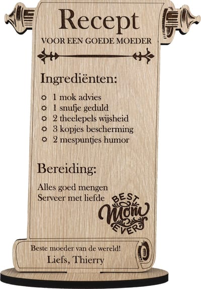 Moederdag cadeau | gepersonaliseerd houten bordje voor mama | recept | 17.5 x 25 cm