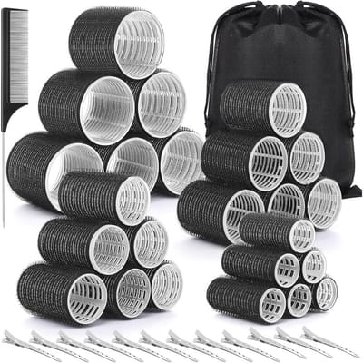 SnelShoppen - Set van 38 Zelfklevende Haarrollers, 4 Maten (60mm/48mm/36mm/25mm), Inclusief 12 Clips, 1 Kam, 1 Opbergtas voor Lang, Midden en Kort Haa