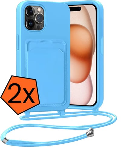 Hoesje Geschikt voor iPhone 14 Pro Max Hoesje Met Telefoonketting Pasjeshouder Case Koord - Hoesje Geschikt voor iPhone 14 Pro Max Hoes Met Kaarthouder - Lichtblauw - 2 PACK