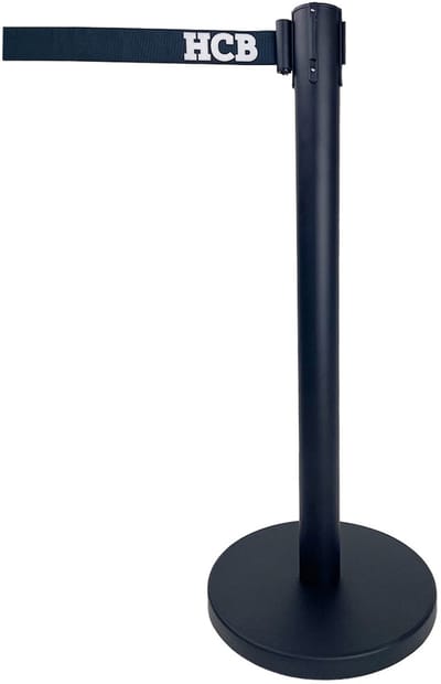 HCB® - Professionele Horeca Afzetpaal met trekband - 200 cm - zwart - RVS / INOX - Afzetpaaltjes met lint - 35x35x90 cm (DxBxH) - 9 kg - 1410