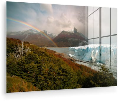 ® Glasschilderij 180x120 cm - Schilderij acrylglas - Regenboog achter de Perito Moreno gletsjer - Foto op glas - Muurdecoratie woonkamer - Wanddecoratie slaapkamer - Schilderijen